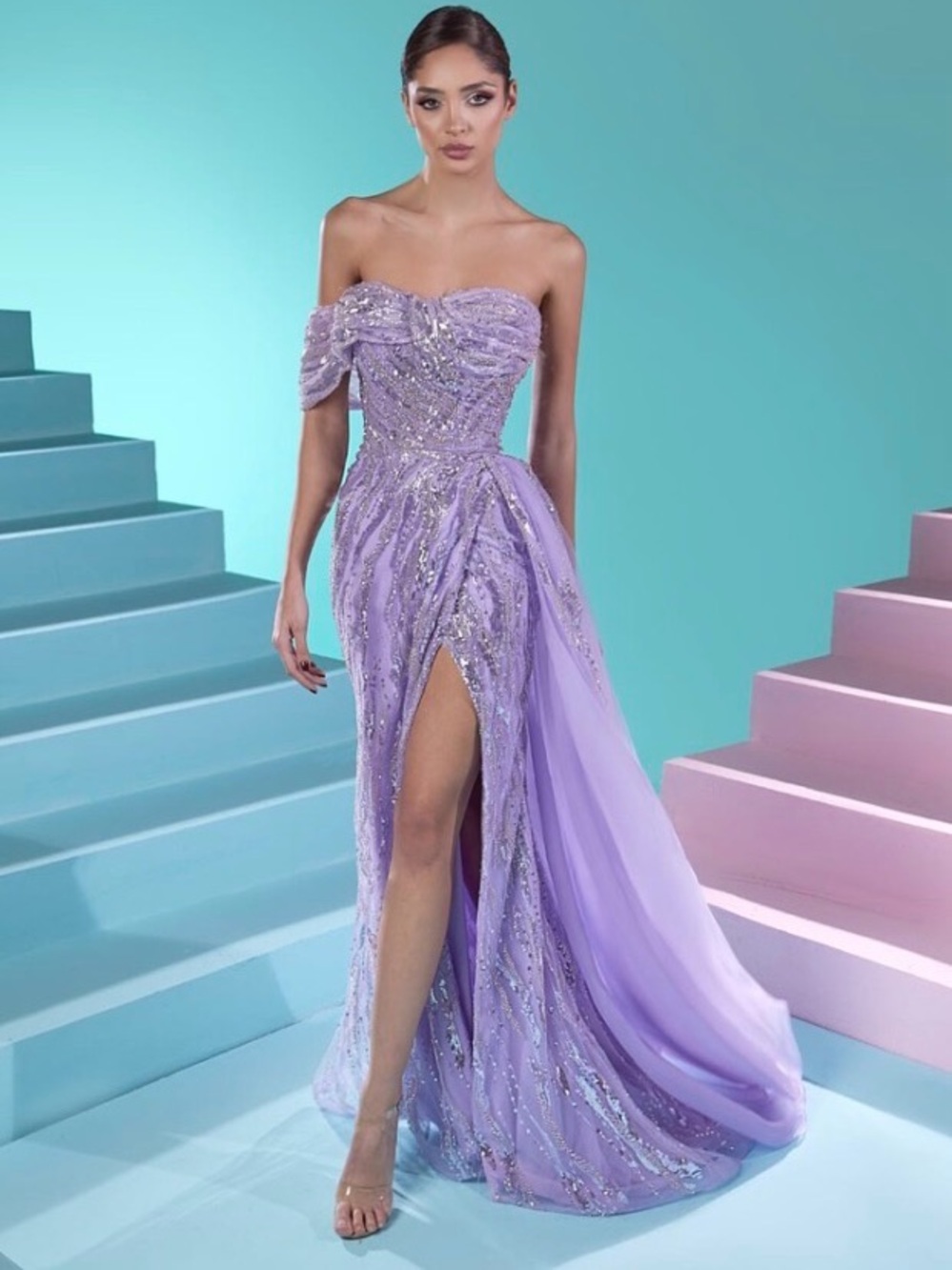 Catwalk Couture: Lavender Off-Shoulder Evening Gown with Side Slit
